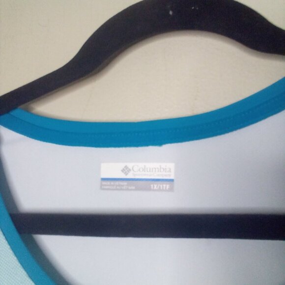 Columbia Shirt Women 1X Short Sleeve Active Athletic Omni-Shade Blue Teal White - Picture 7 of 16